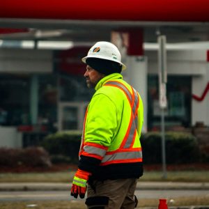 Worker wearing a hi-vis safety jacket