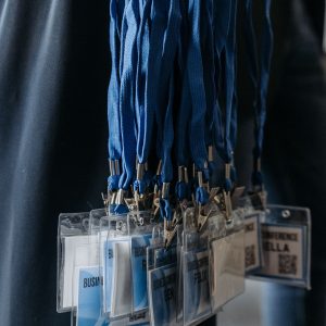 Blue lanyards with ID badges
