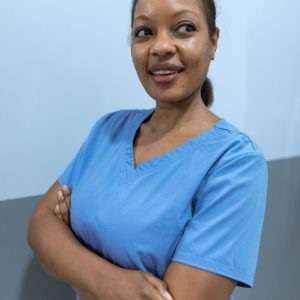 Nurse wearing blue medical scrubs